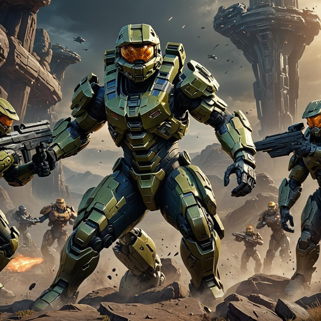 Master Chief Battles Enemies: Detailed Matte Painting