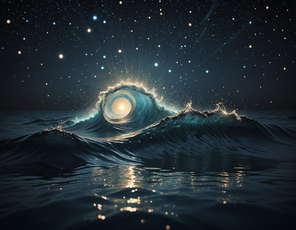 Surreal Starlight Reflections on Cosmic Ocean Wave
