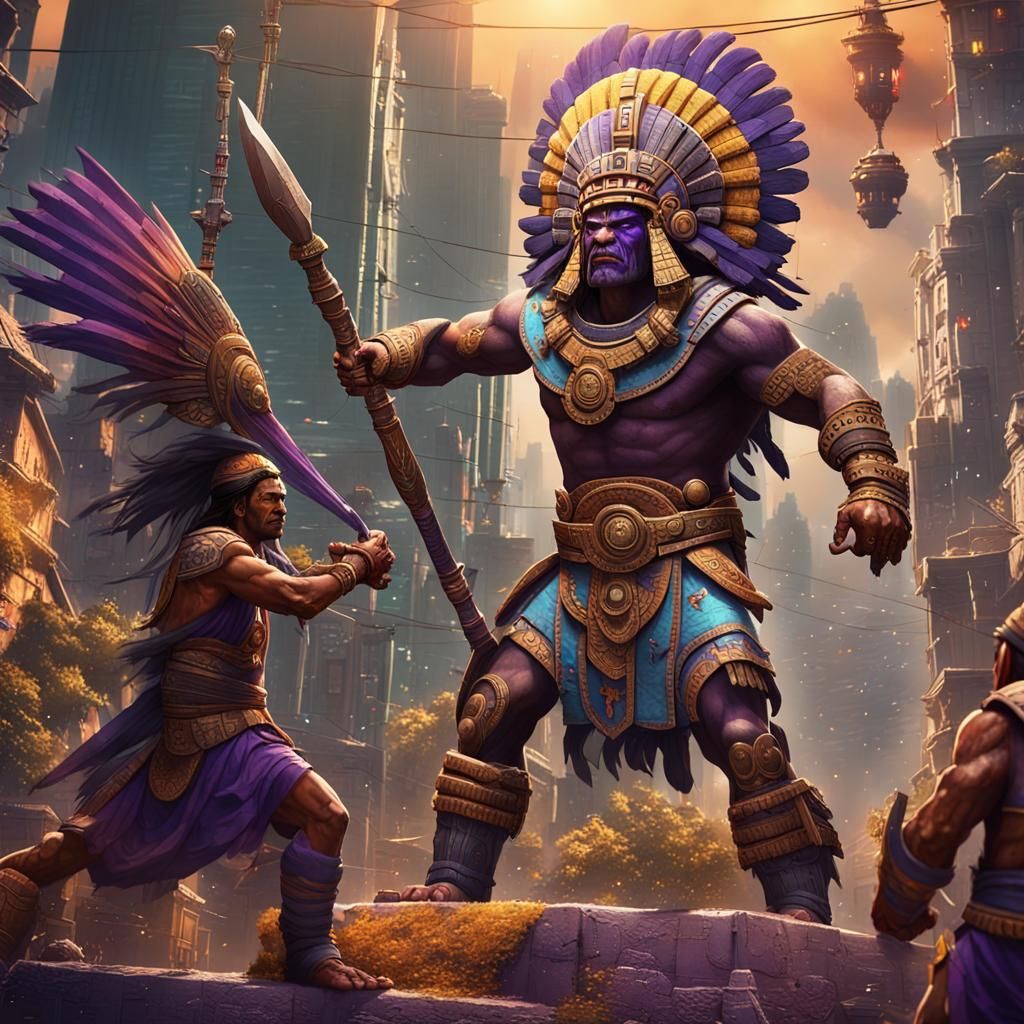 Epic Aztec Warrior God Overlooking City, Dark Fantasy Art