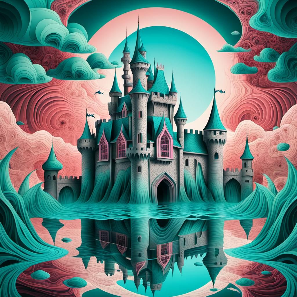 Teal and Rose Castle with Magic Monster in Fractal Art