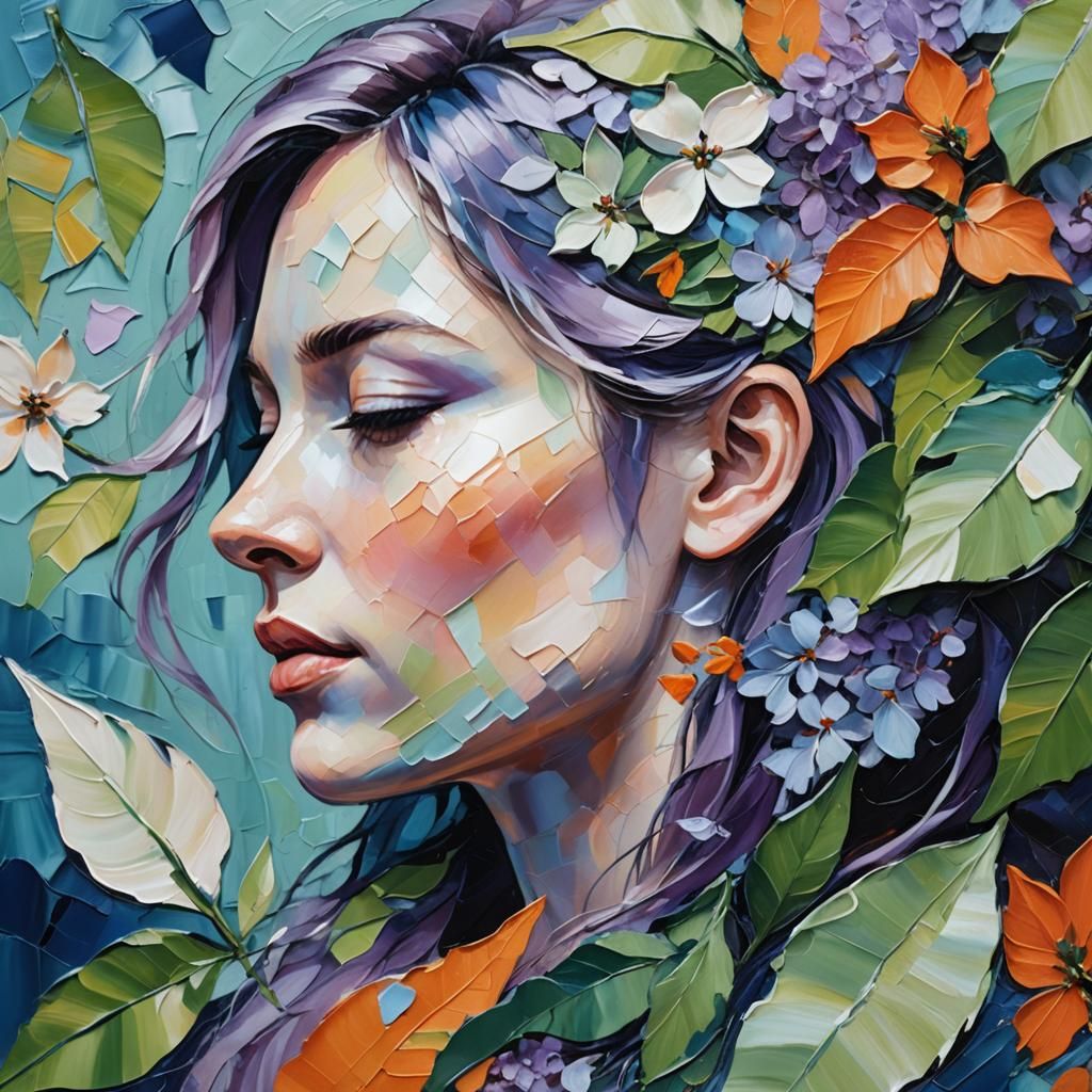 Expressionist Portrait with Floral Hair, as Impasto Painting
