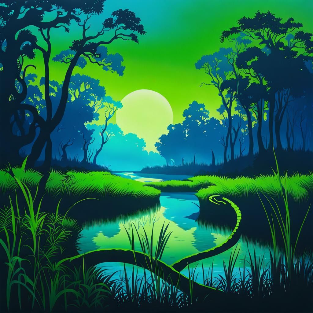Blue Serpent Silhouettes in Green Swamp, Acrylic Style