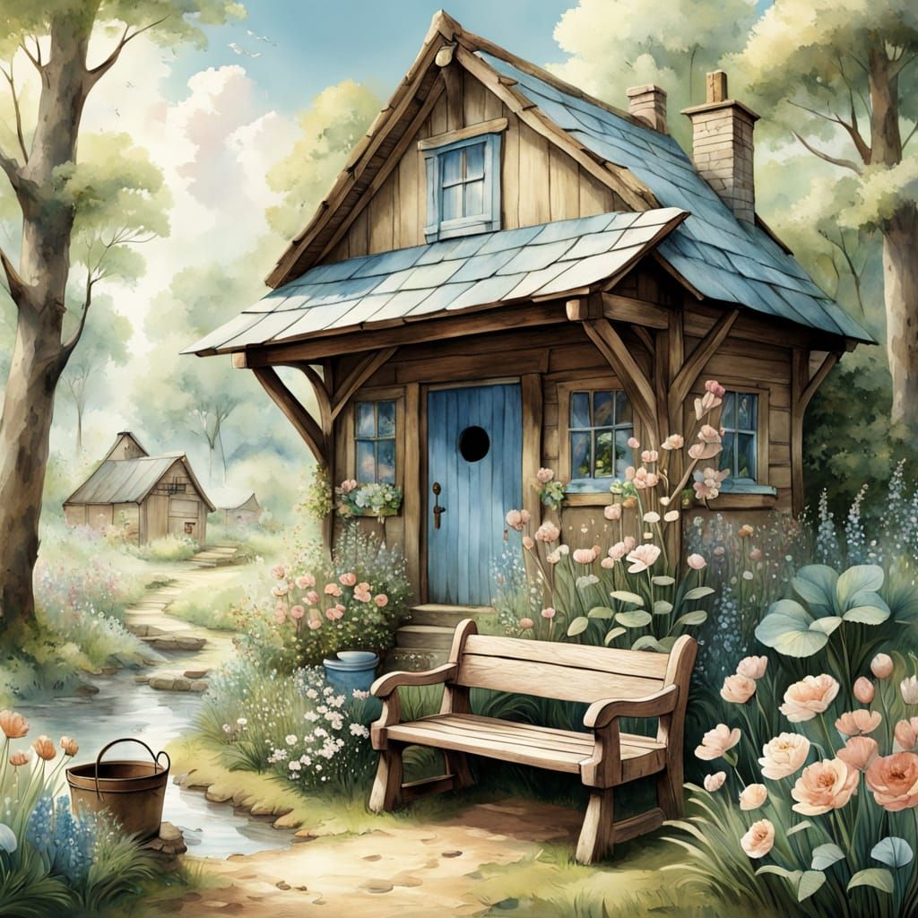 Whimsical Forest Refuge with Wooden House and Vibrant Flower...