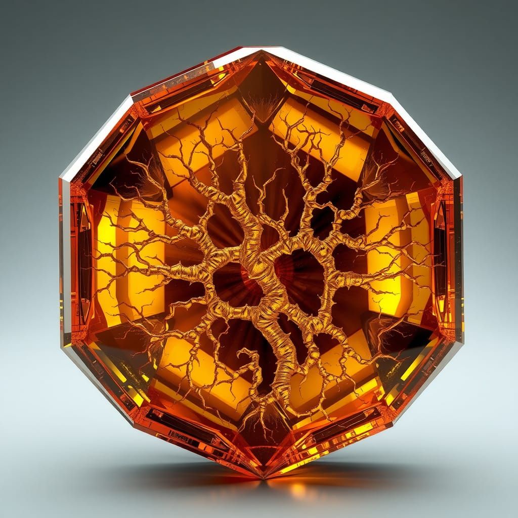 Golden Octagonal Crystal Displaying Dendritic Growth