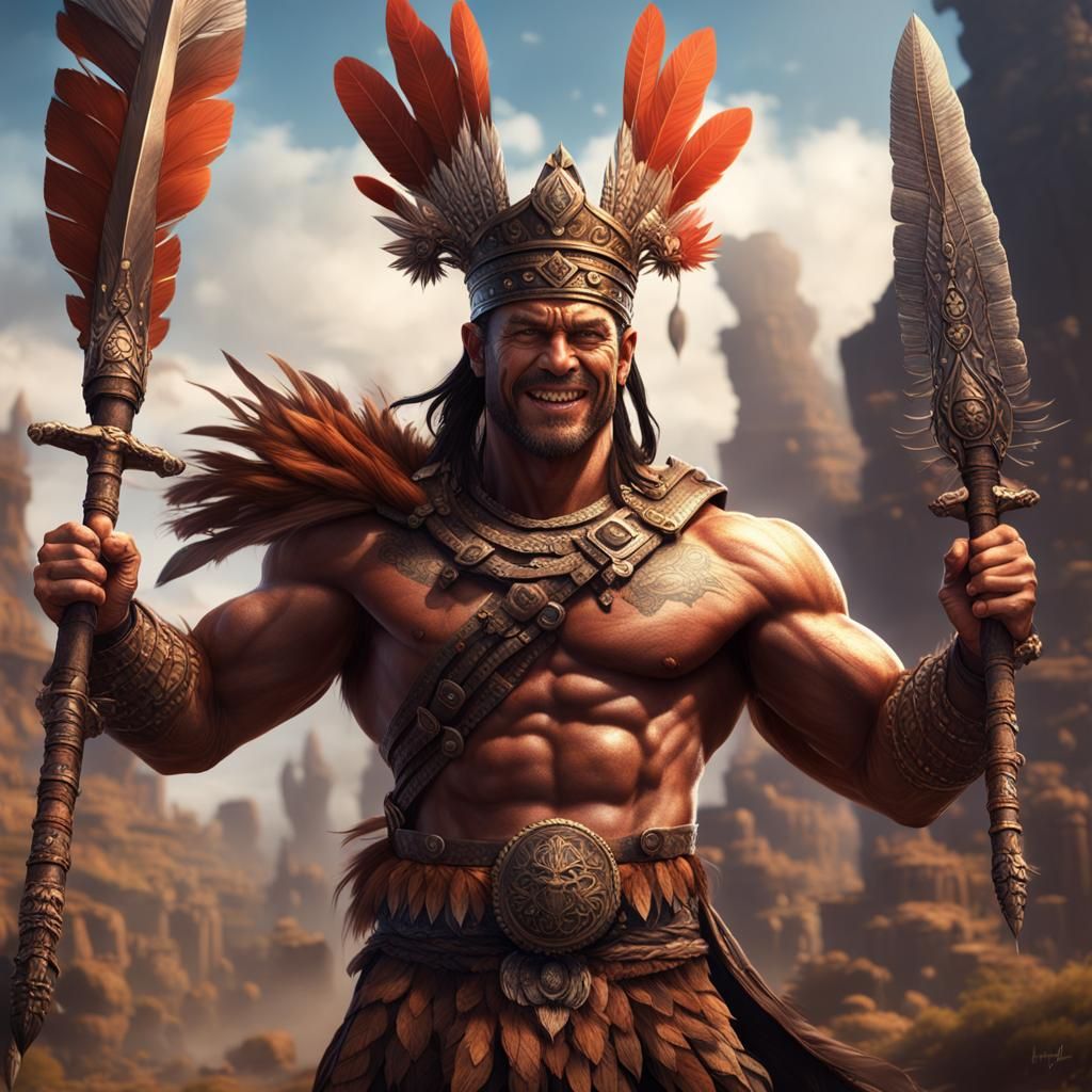 Muscular Aztec Warrior with Spear, Detailed Digital Art