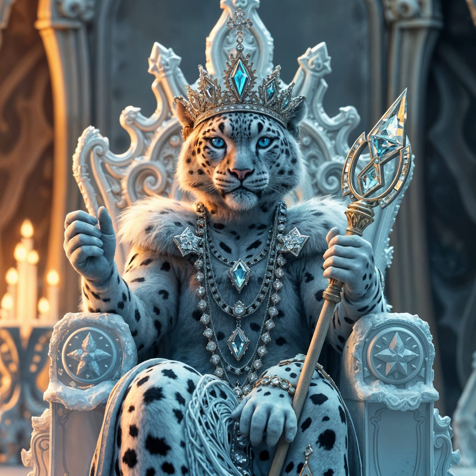 Regal Snow Leopard Queen on Ice Throne in Frozen Palace