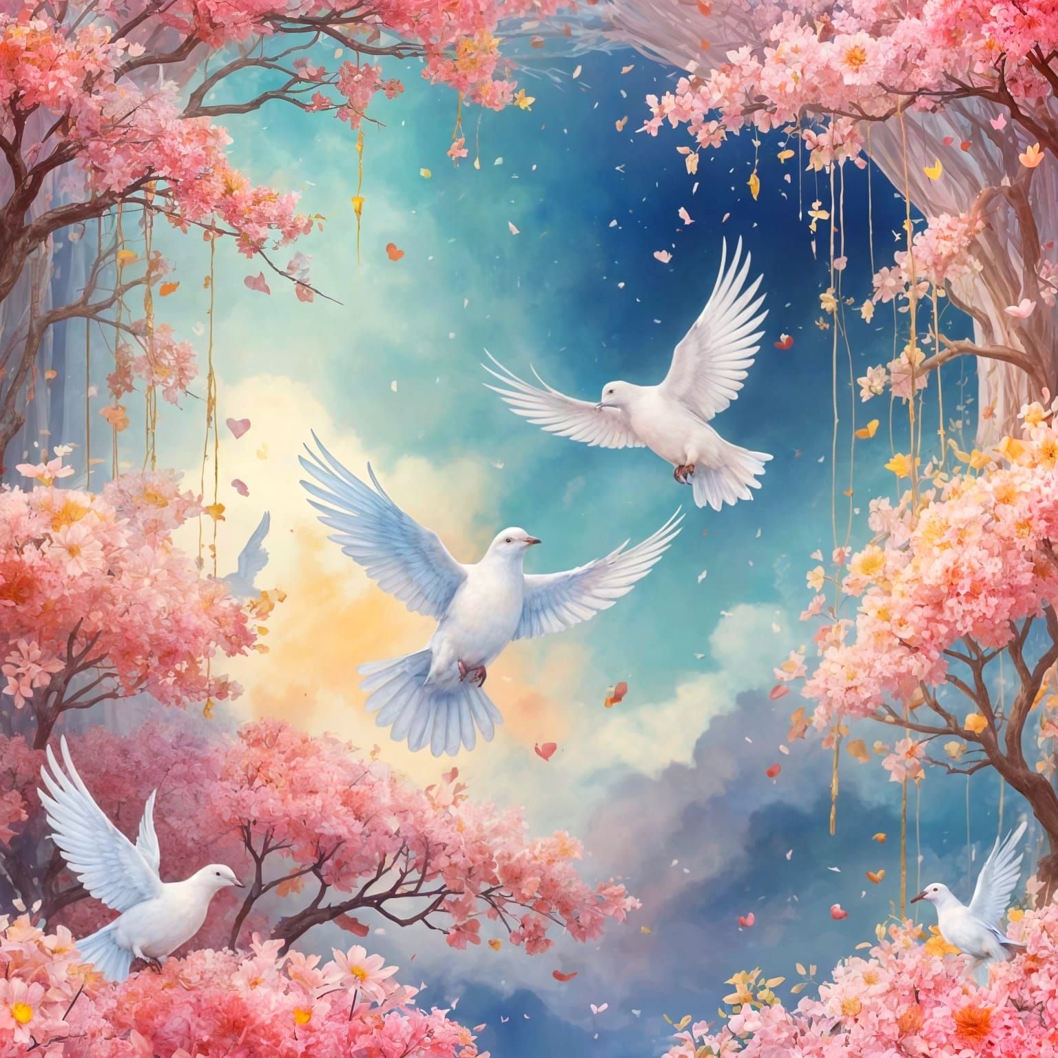 Whimsical Springtime with Iridescent Doves and Blooming Flow...