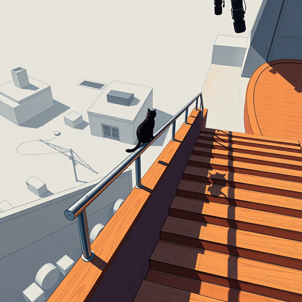 Black Cat on Stairs: Vintage Risograph Print