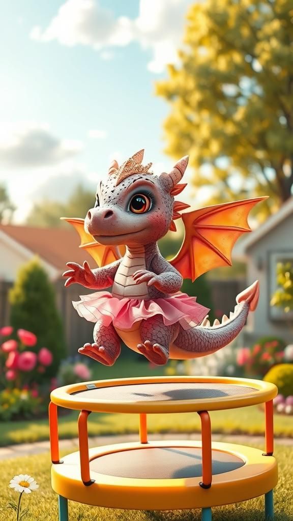 Chubby Dragon Ballerina Bouncing on Trampoline