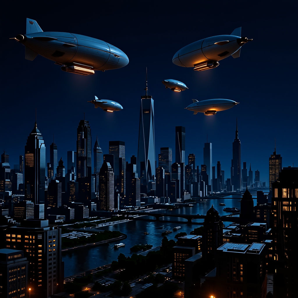 Modern Cityscape with Dirigibles in the Sky