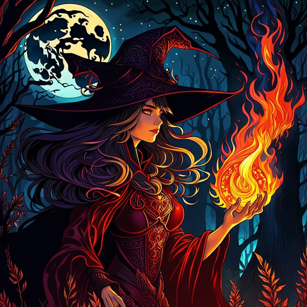 Anime Witch in Forest with Firelight