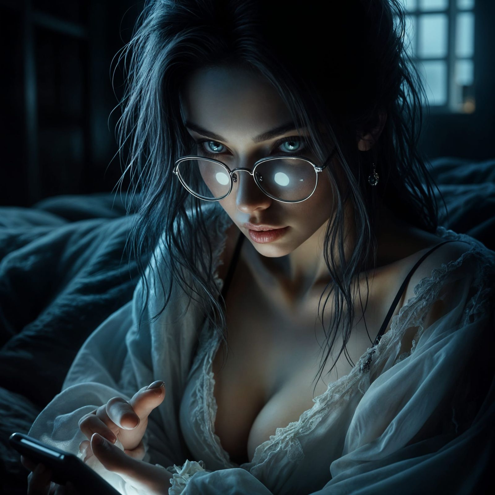 Woman with Pale Skin and Glasses Gazes at Phone