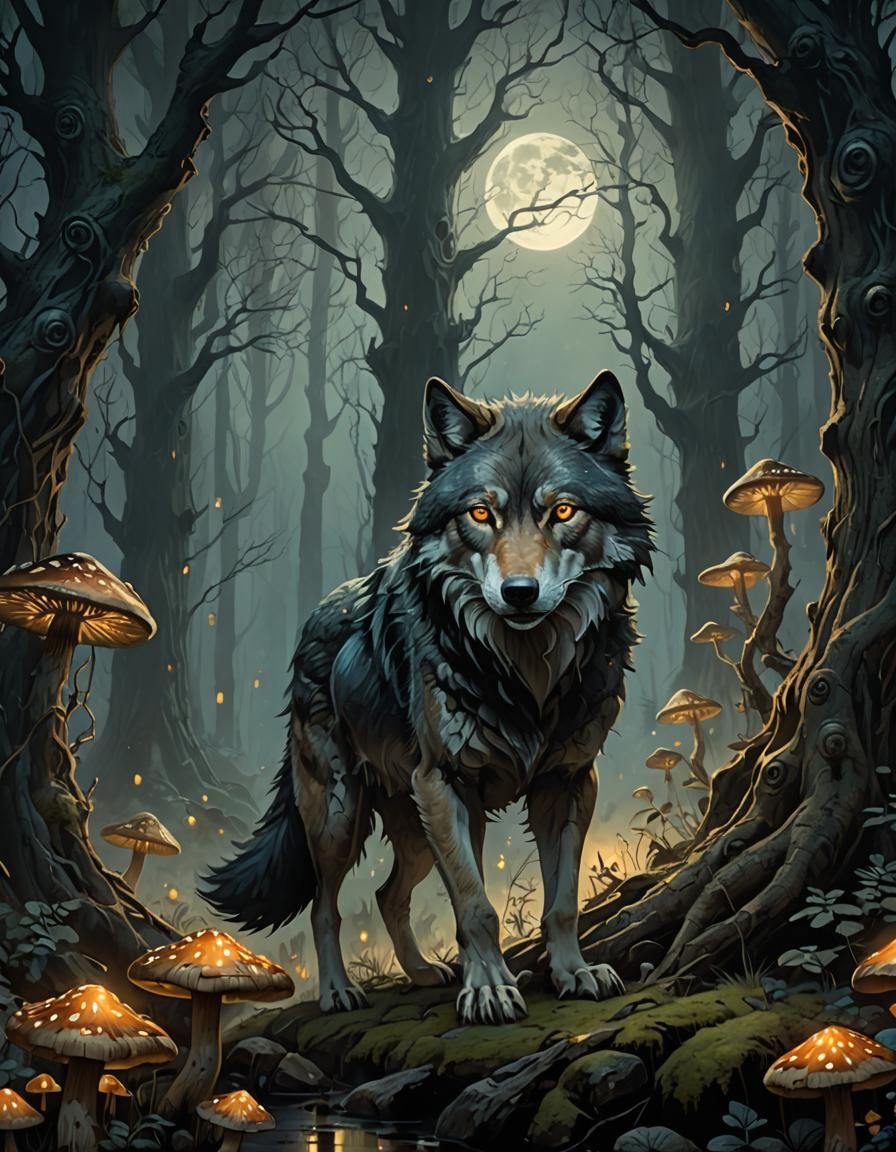 Mystical Wolf Prowls Through Moonlit Forest