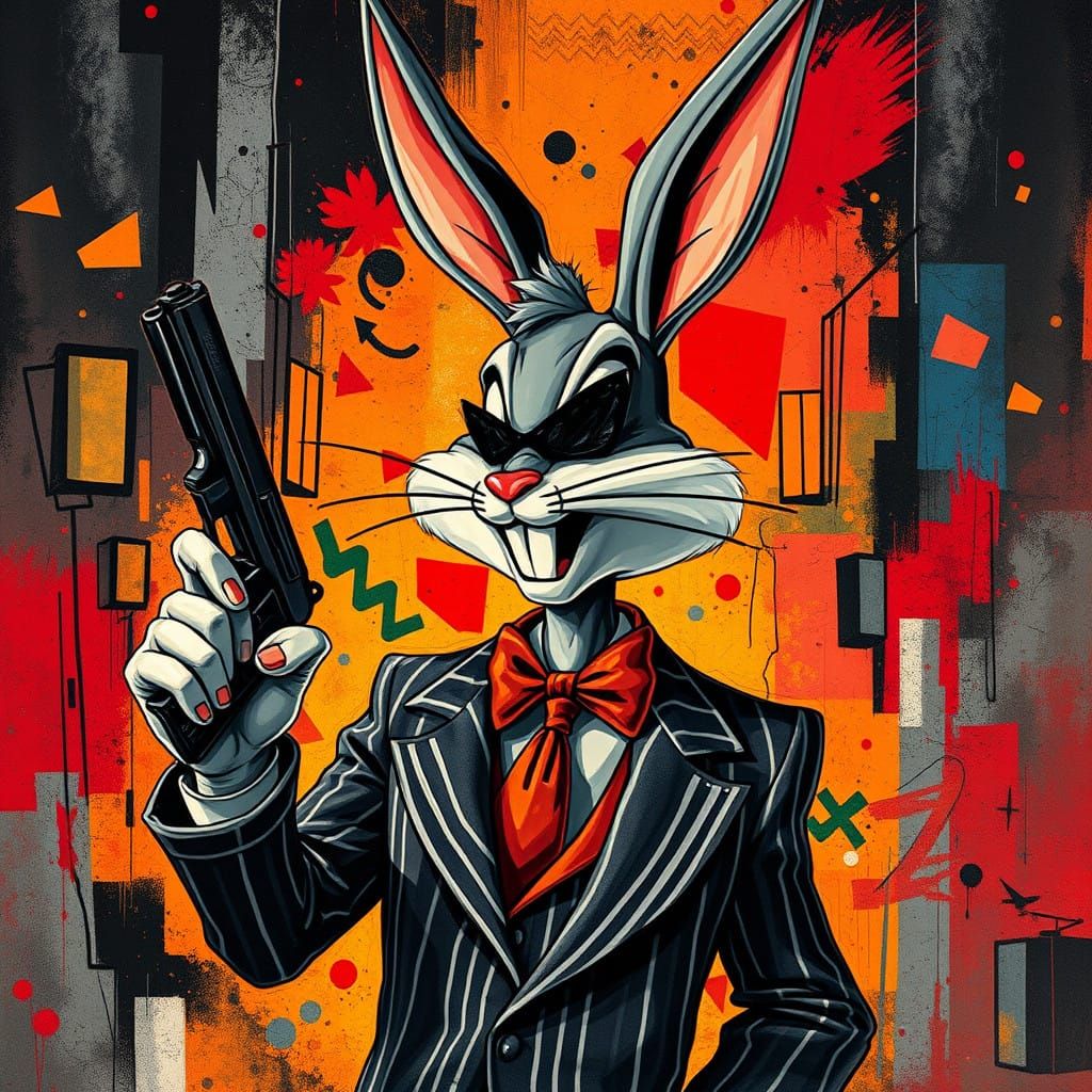 Cubist Bugsy Bunny Dominates Film Noir Cityscape