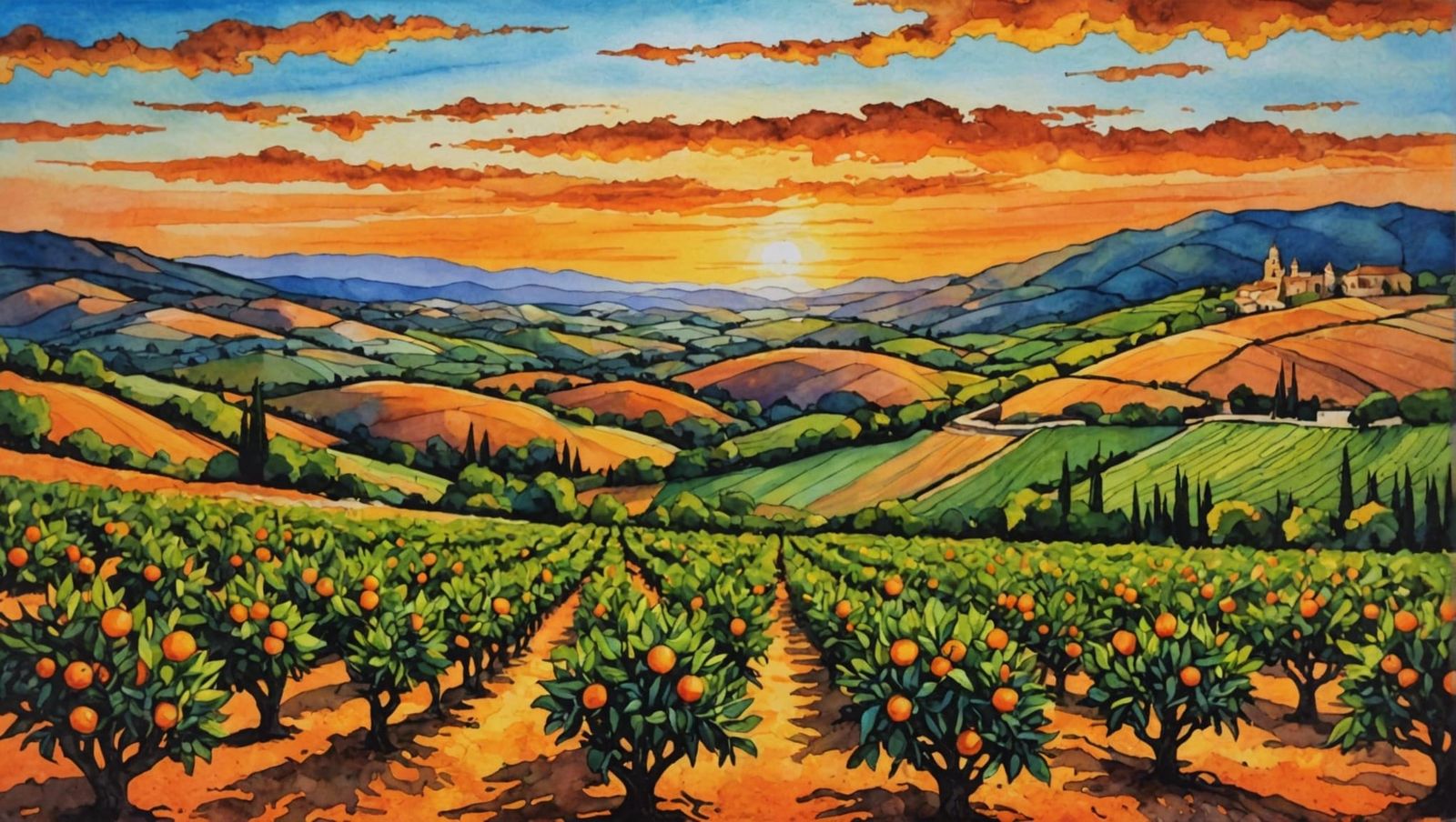 Sunset Over Orange Groves in Spain, Alcohol Ink