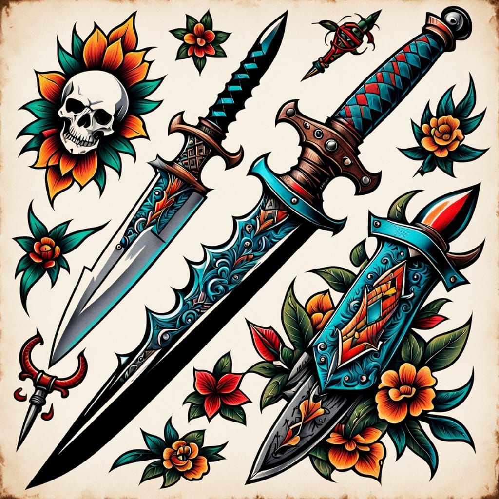 Old School Dagger Tattoo Flash Art in Traditional Style