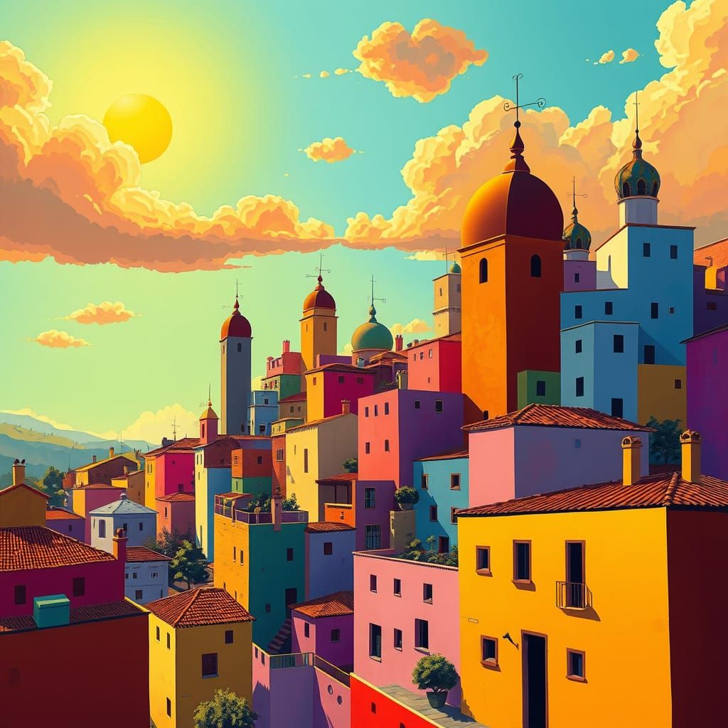 Surreal Floating City in Golden Hour Light
