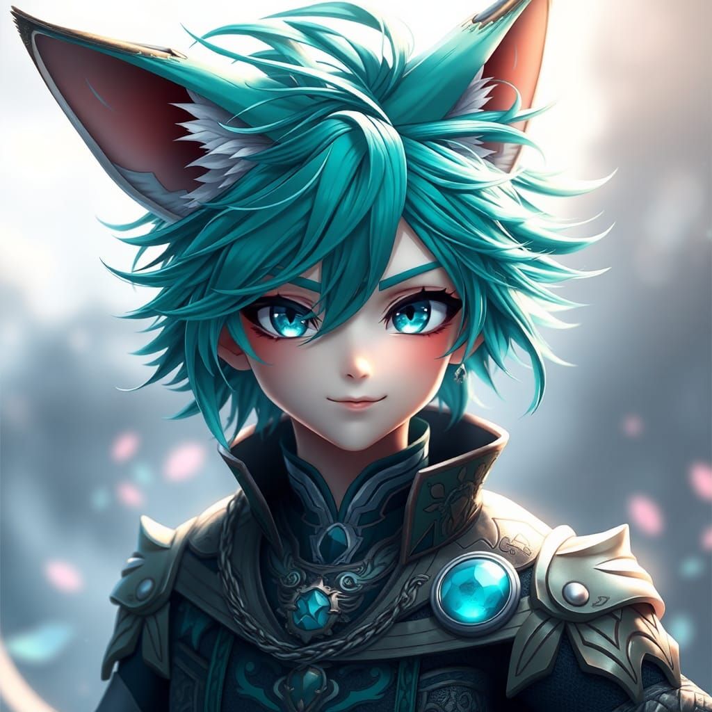 Majestic Fox-Boy with Teal Hair in 3D Anime Style