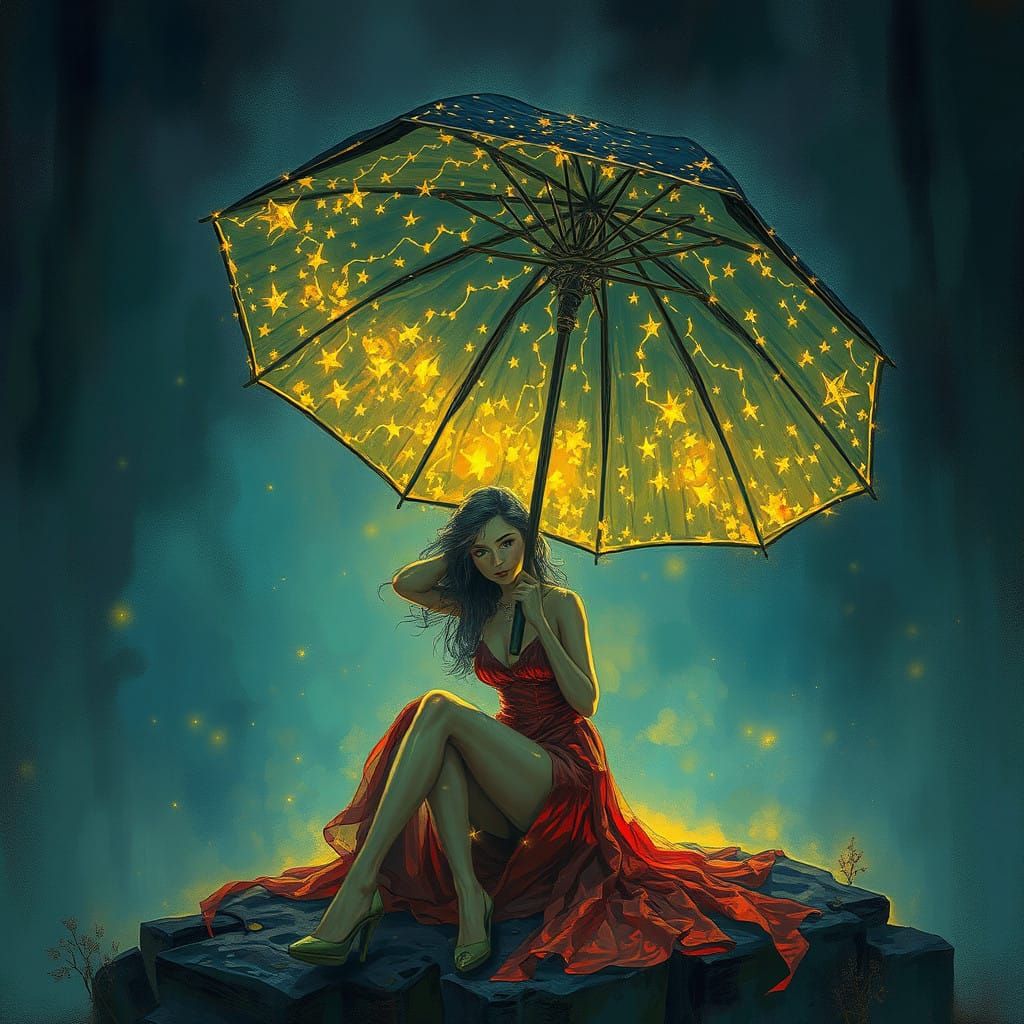 A Woman Encircled by Starry Glows Under Enchanted Umbrella