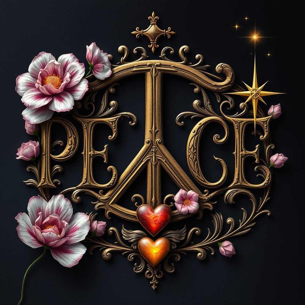 "PEACE" in fancy style with peace symbol eith flower, heart, star , typography, cinematic, painting, illustration, dark ...