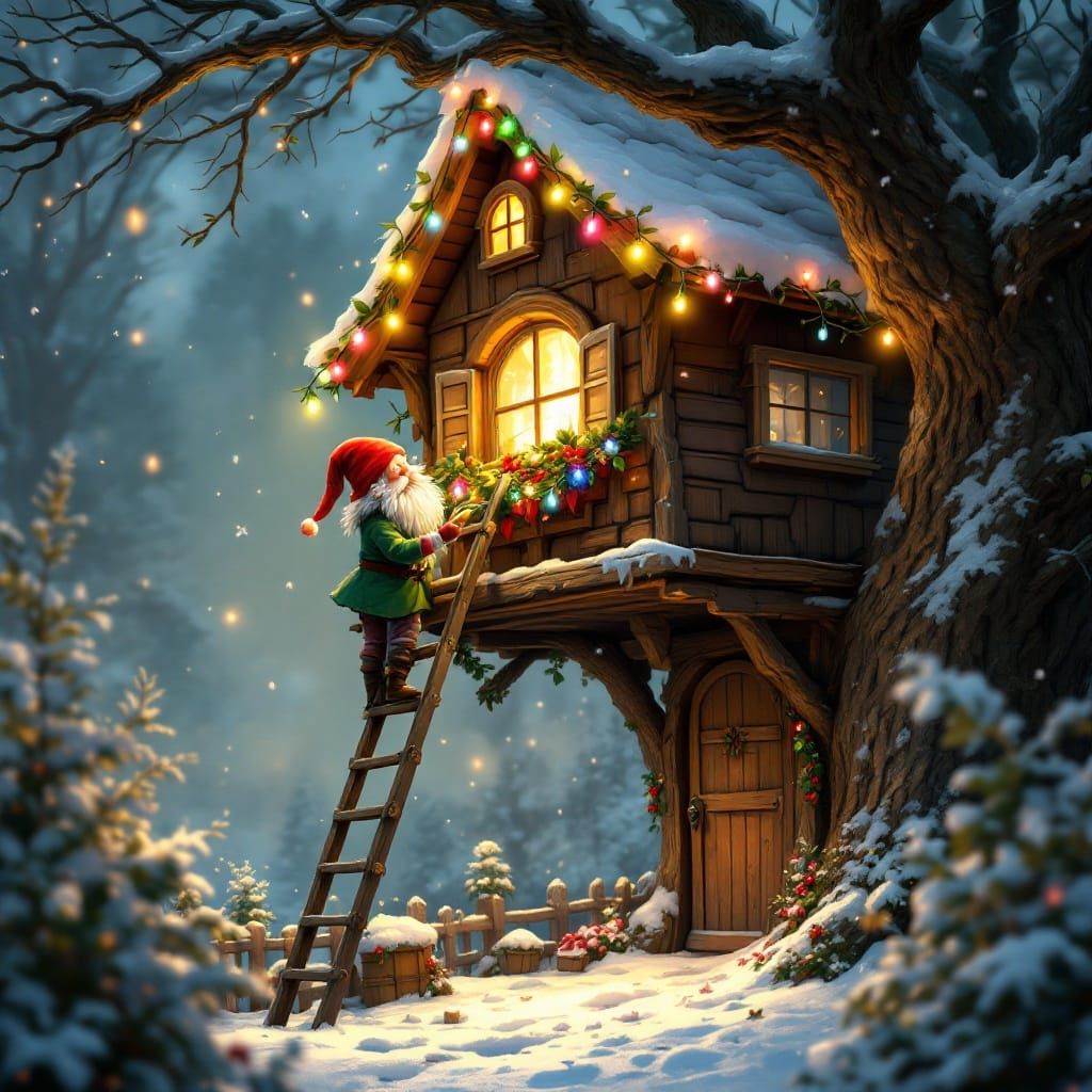 Cheerful Gnome Adorns Treehouse Home with Christmas Lights