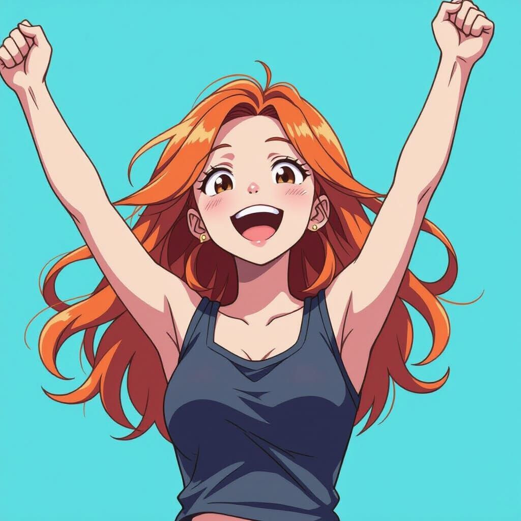 Energetic Anime Girl with Expressive Pose and Vivid Colors