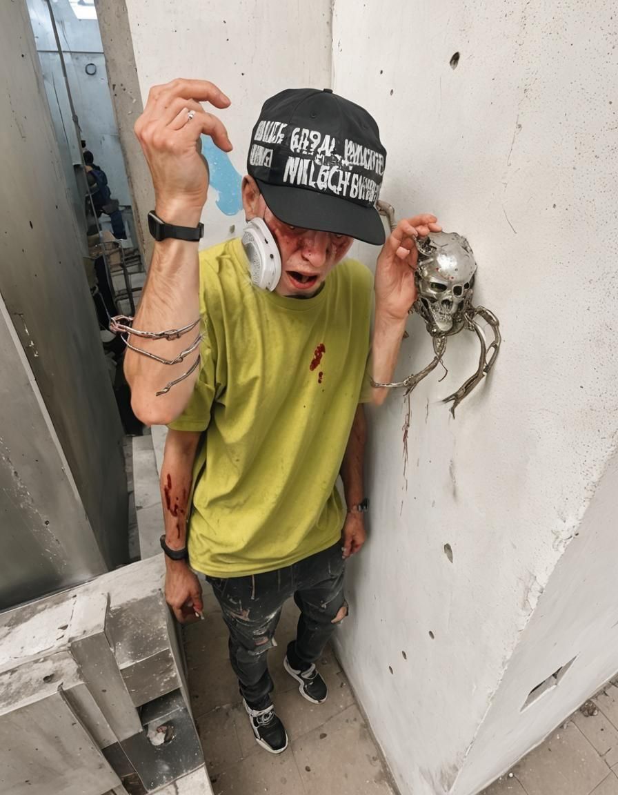 Bloody Masked Face in Surreal Brutalist Style