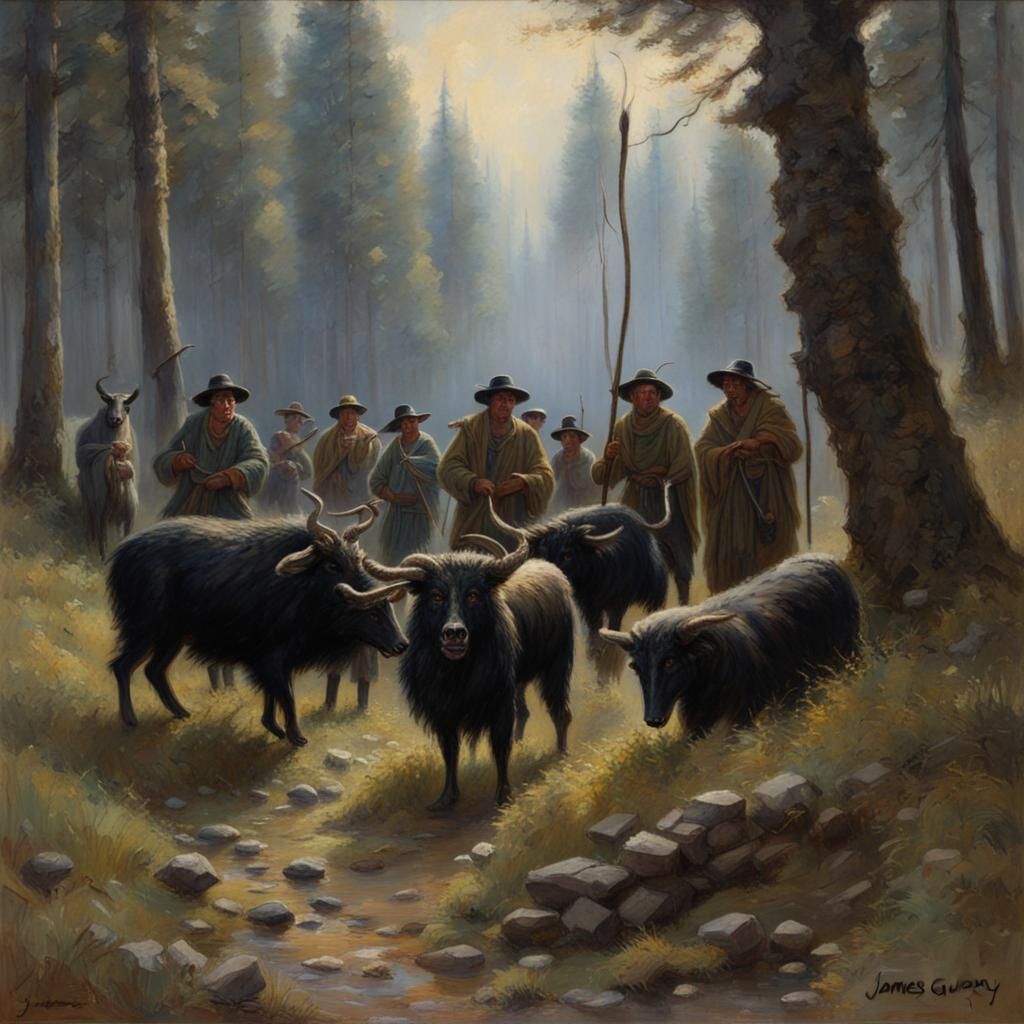Shepherds Guarding Horned Beasts: Oil Painting