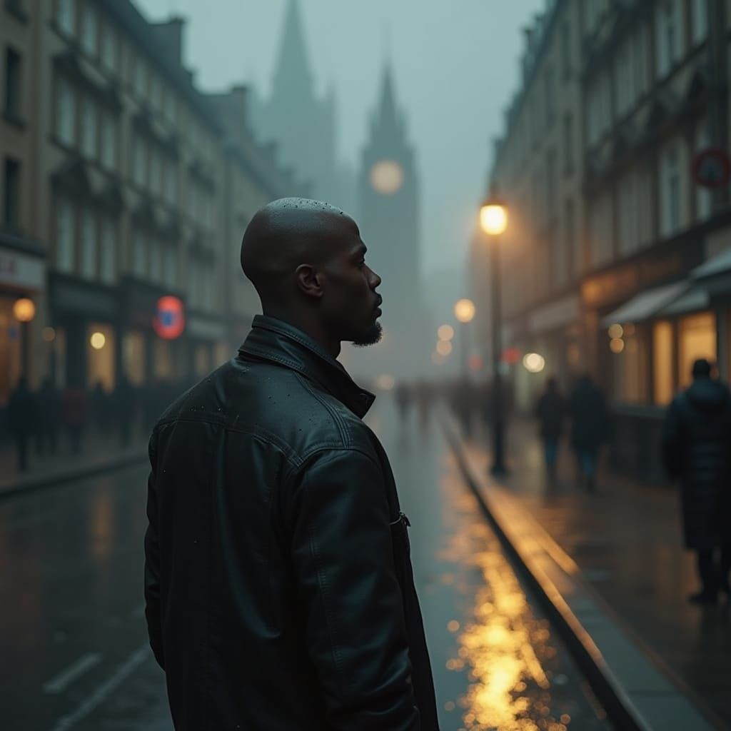 Contemplative Figure in London's Misty Streets