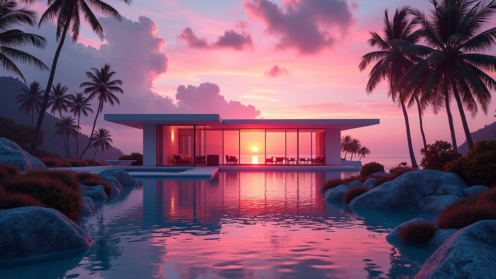 Synthwave Glass House Bathed in Sunlight