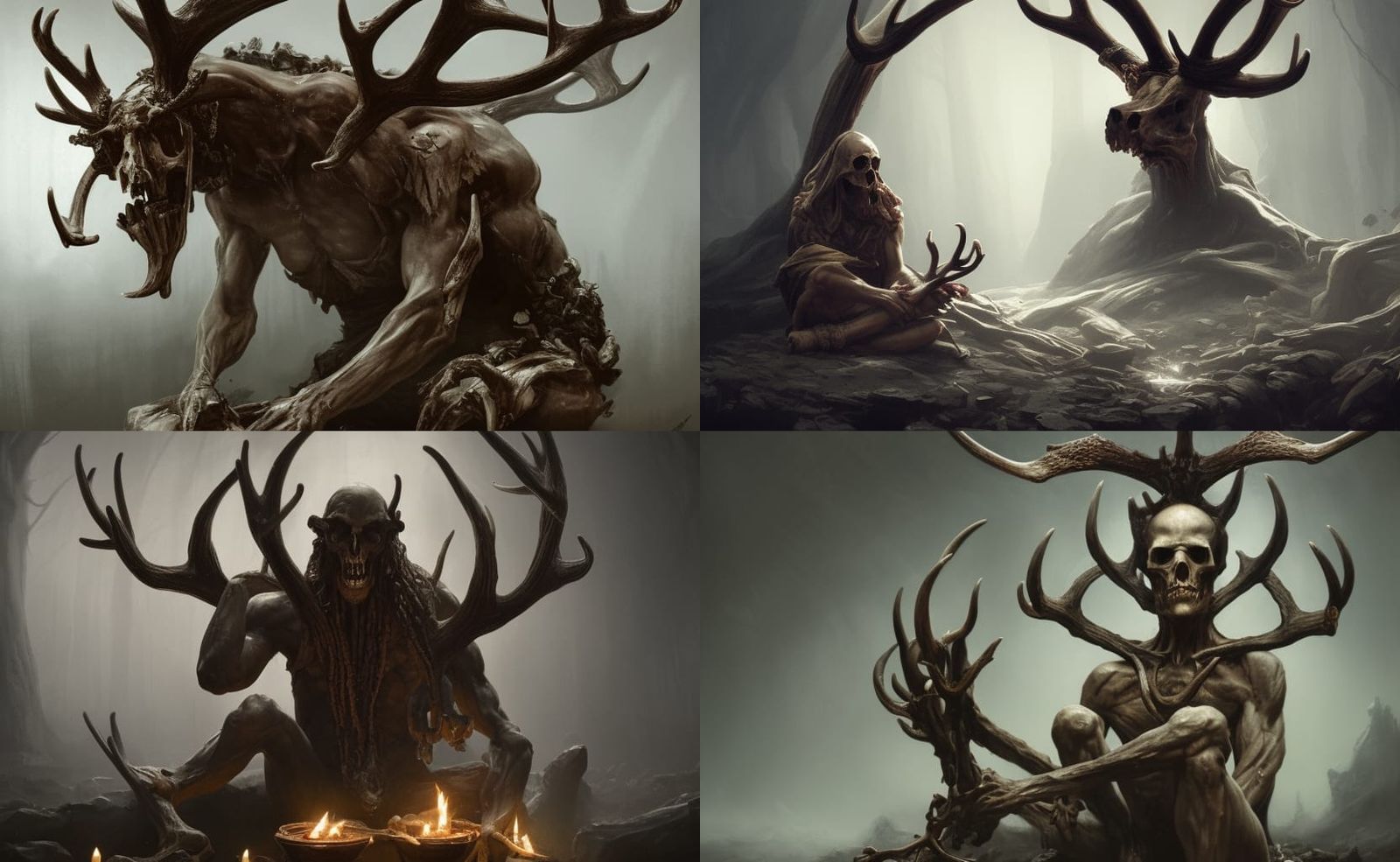 Stone Effigy with Antlers: Dark Fantasy Concept Art