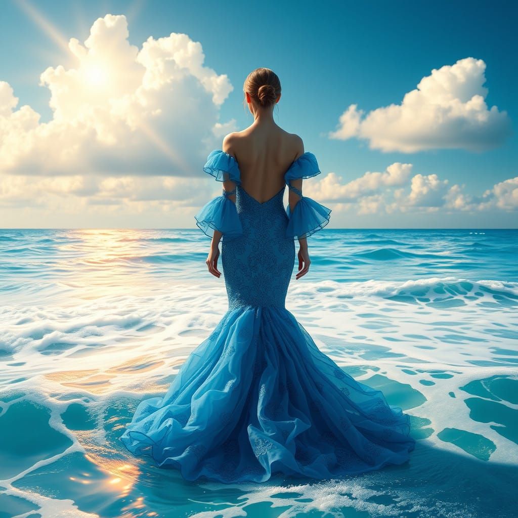 Ethereal Ocean Goddess in Majestic Blue Gown