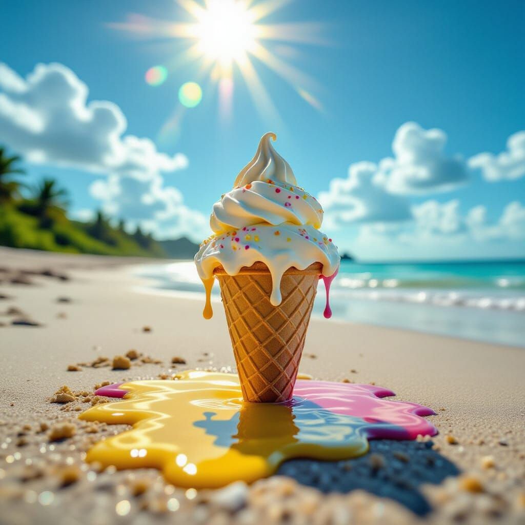 Hyperrealistic Melting Ice Cream Cone in Summer