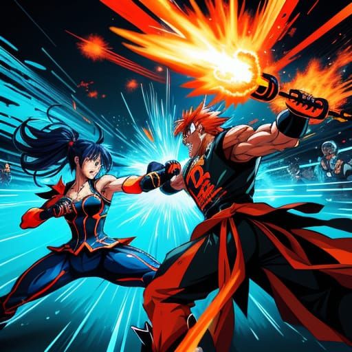 Anime Characters Battle in Vibrant Neon Ring