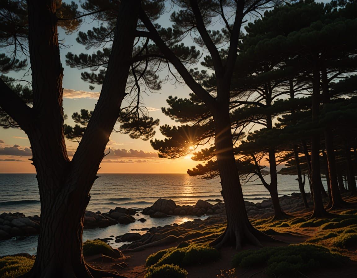 Pine Forest by the Sea at Sunset