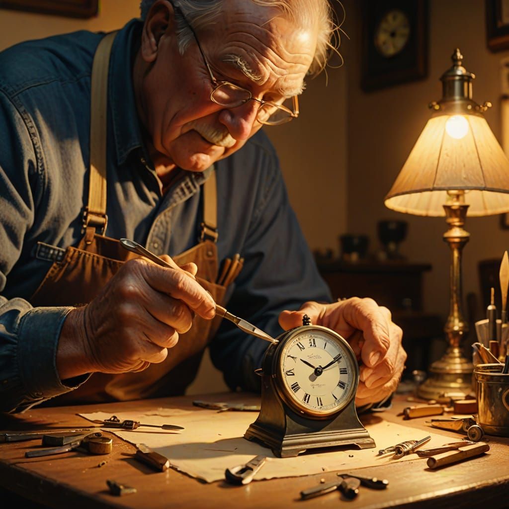 Grandpa Repairs Clock in Golden Light: Oil Painting Style