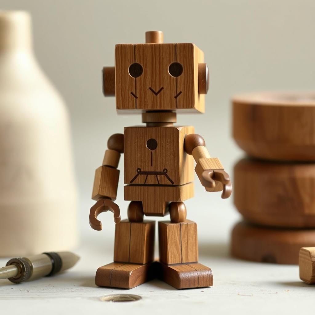 Wooden Robot Carving a Tiny Robot
