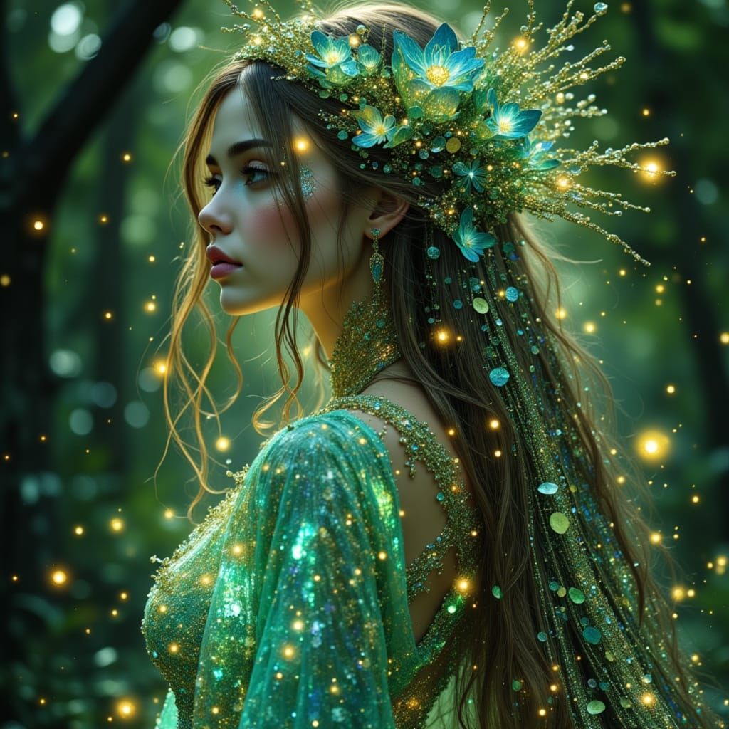 Regal Woman with Bioluminescent Hair in Ethereal Forest