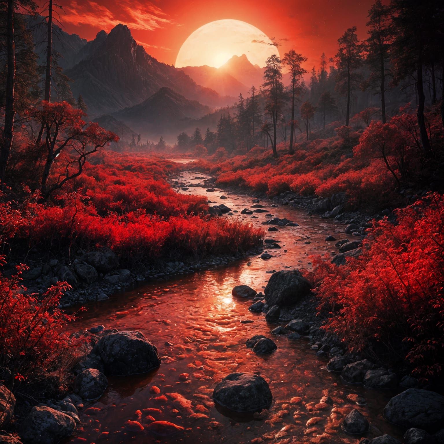 Valley Bathed in Red Sunlight at Sunset