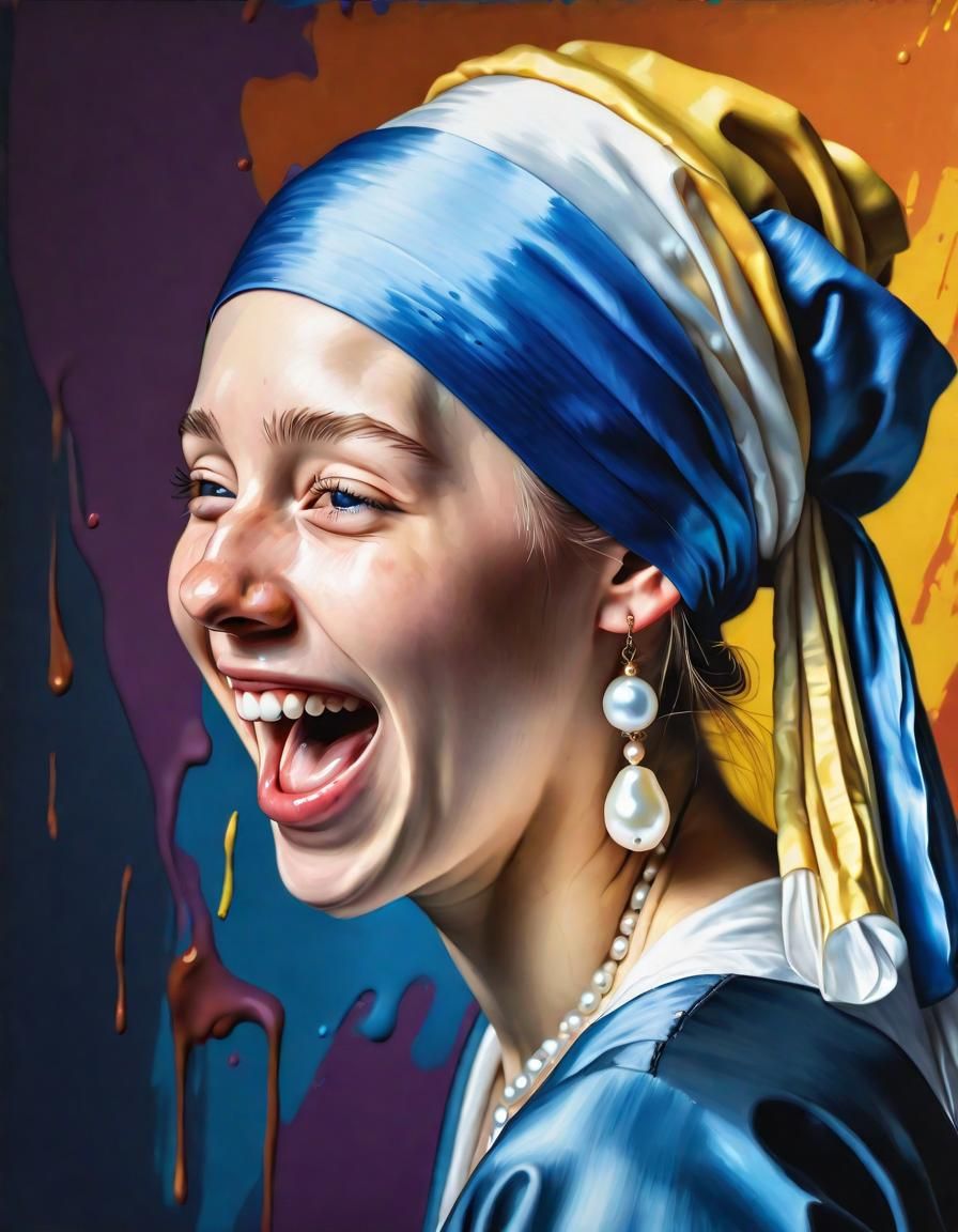 Girl with Pearl Earring Laughing: Hyperrealistic Splash Art