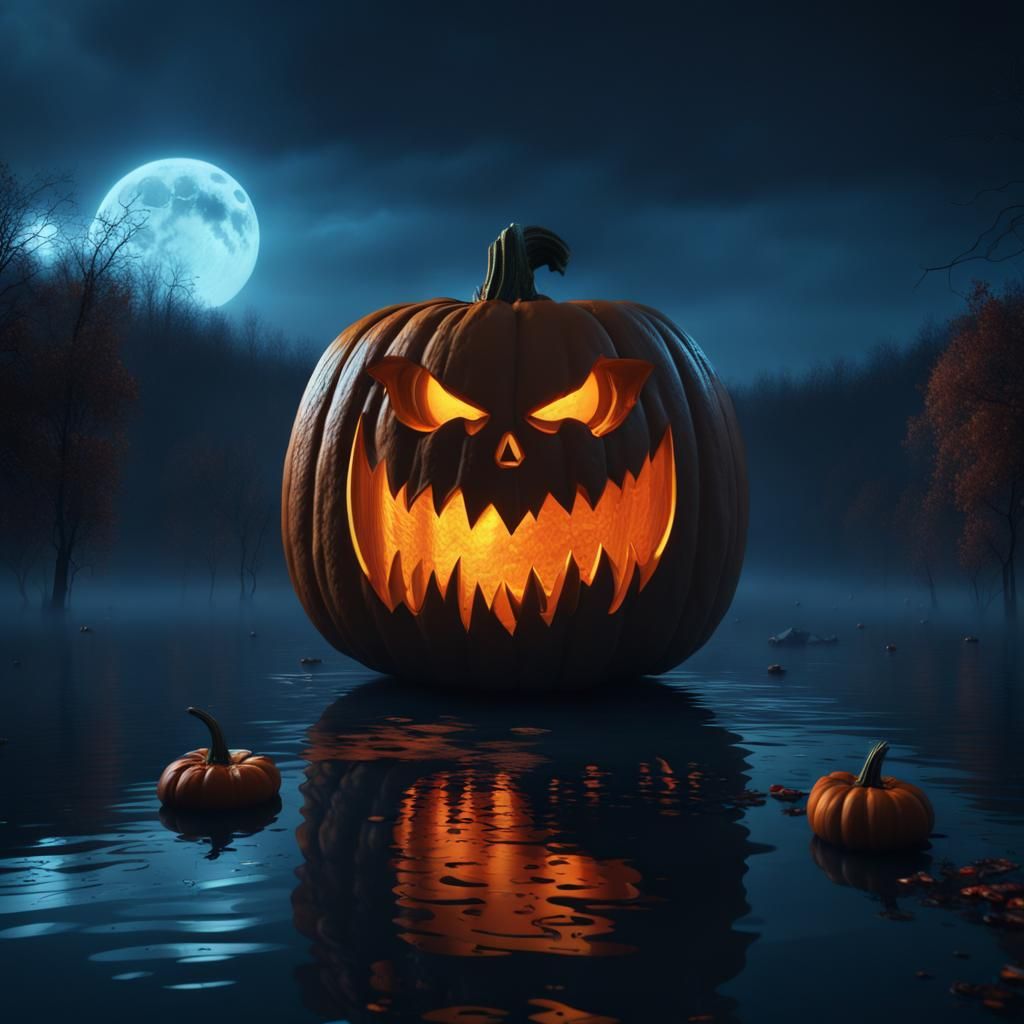 Vampire Pumpkin Lantern Floating Over Dark Lake