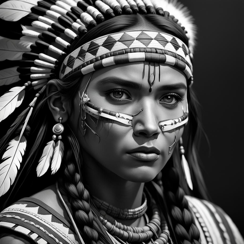 Monochrome Portrait of Native American Woman in Detailed Mat...