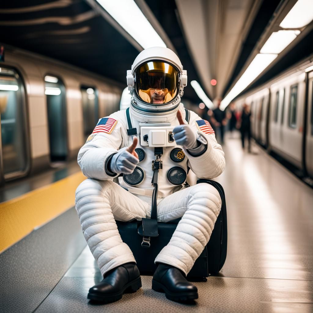Astronaut Peacefully Listens to Music in Subway