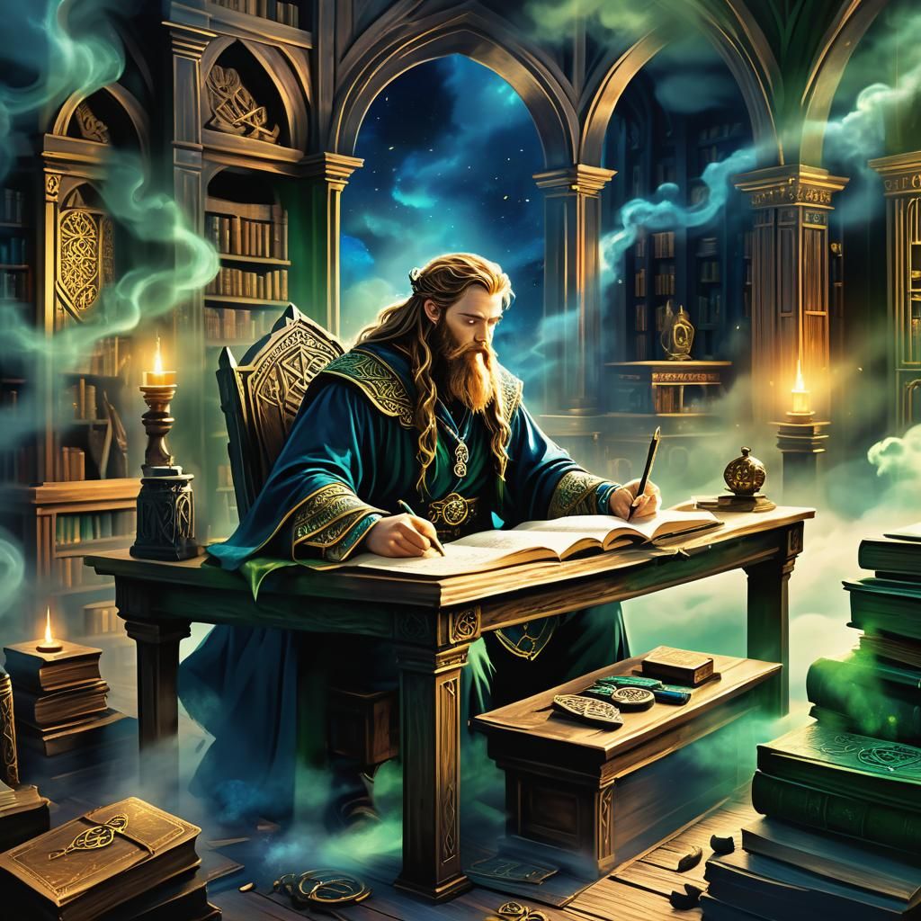 Odin Writing Runes in Mystical Library