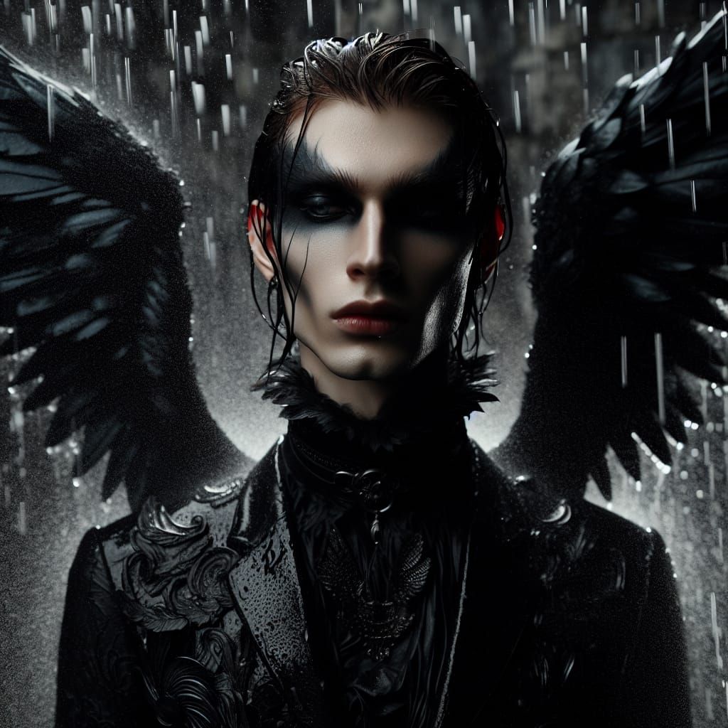 Androgynous Winged Figure in Rain, Dramatic Portrait