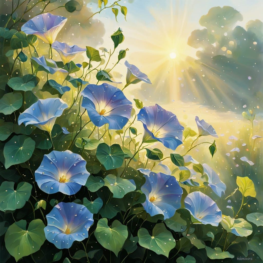 Impressionist Morning Glories Bloom in Golden Sunlight