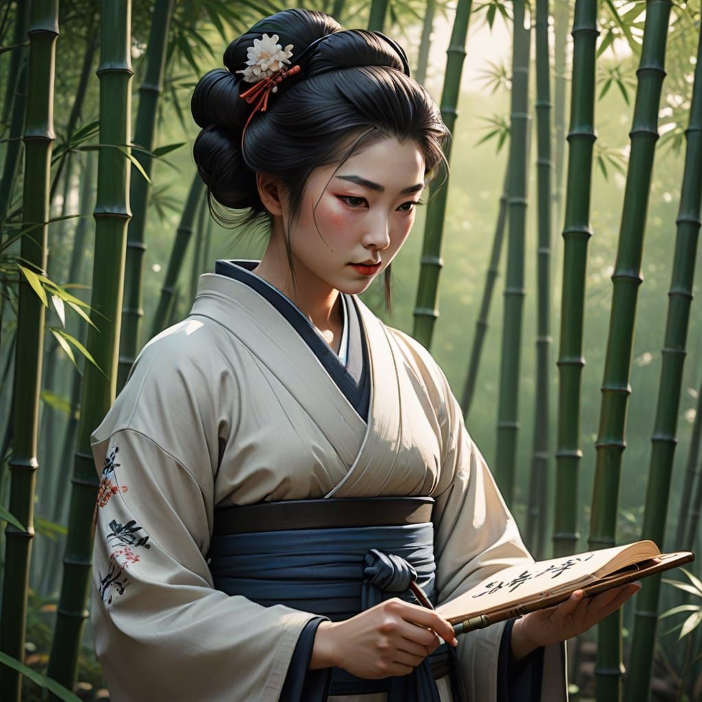 Geisha Practicing Calligraphy in Sumi-e Style Bamboo Garden
