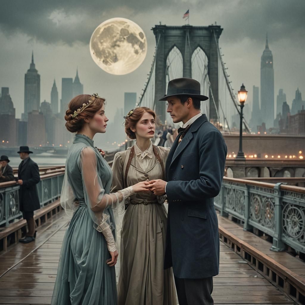 Romantic Art Nouveau Couple Under Enormous Moon