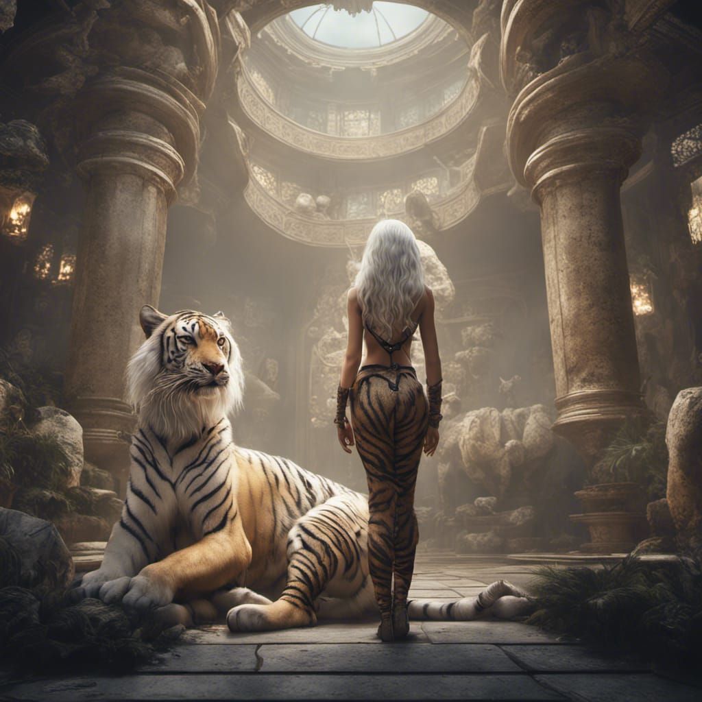 Woman with White Hair and Tiger Pet