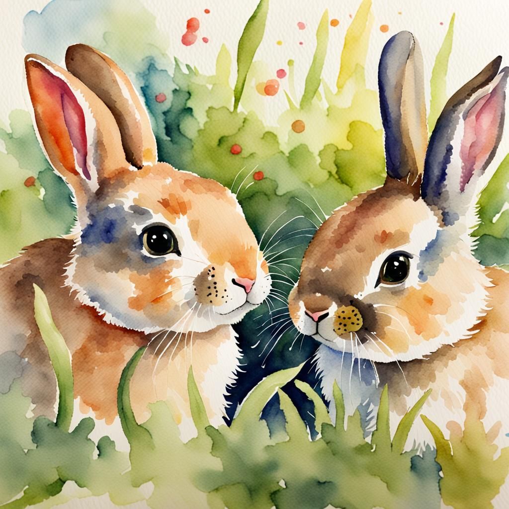 Watercolor Baby Bunnies Booping Noses